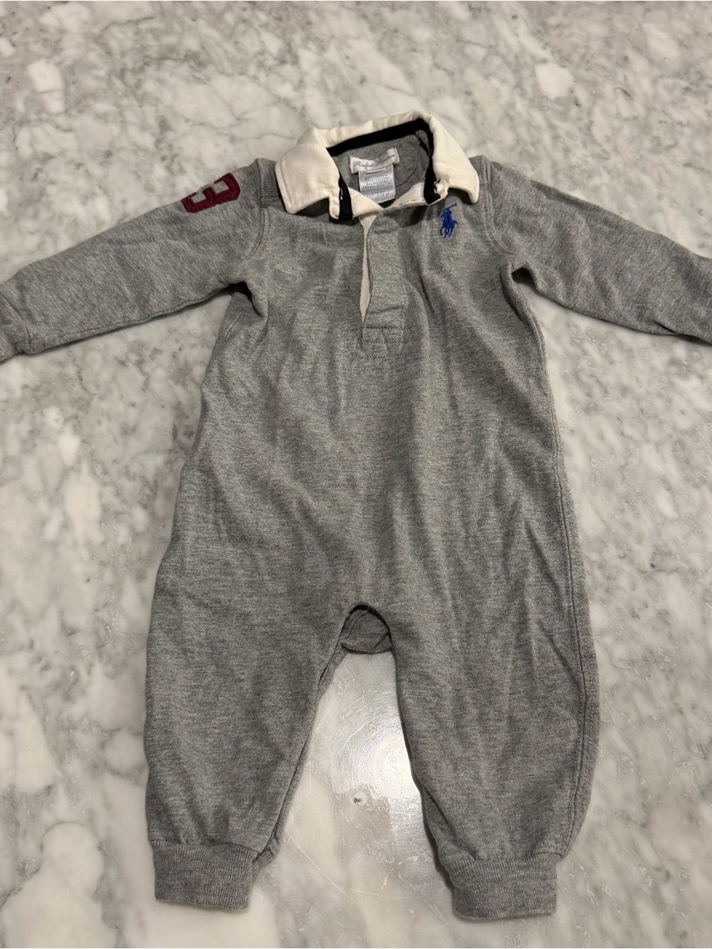 Ralph Lauren Baby Boy 6M Heather Gray Rugby Polo Romper Big Pony #3